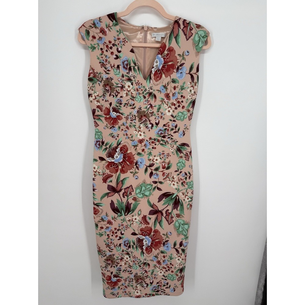 NY&Co Floral Midi Dress Bodycon Scuba Sheath V-Neck Pink Red Green Size XS